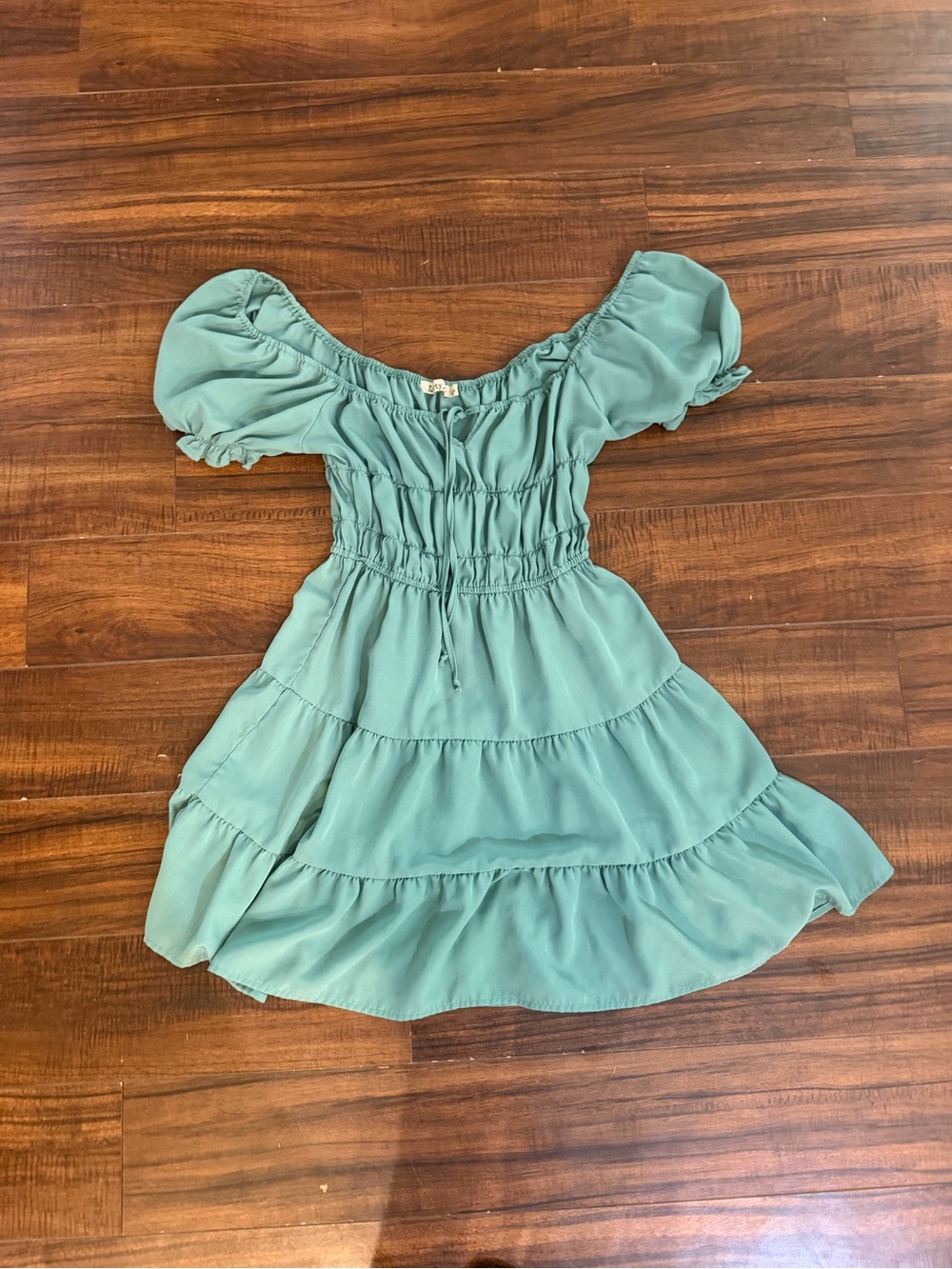 Teal Puff-Sleeve Tiered Dress